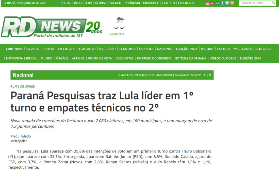 RD News cita pesquisa realizada pela Paraná Pesquisas.