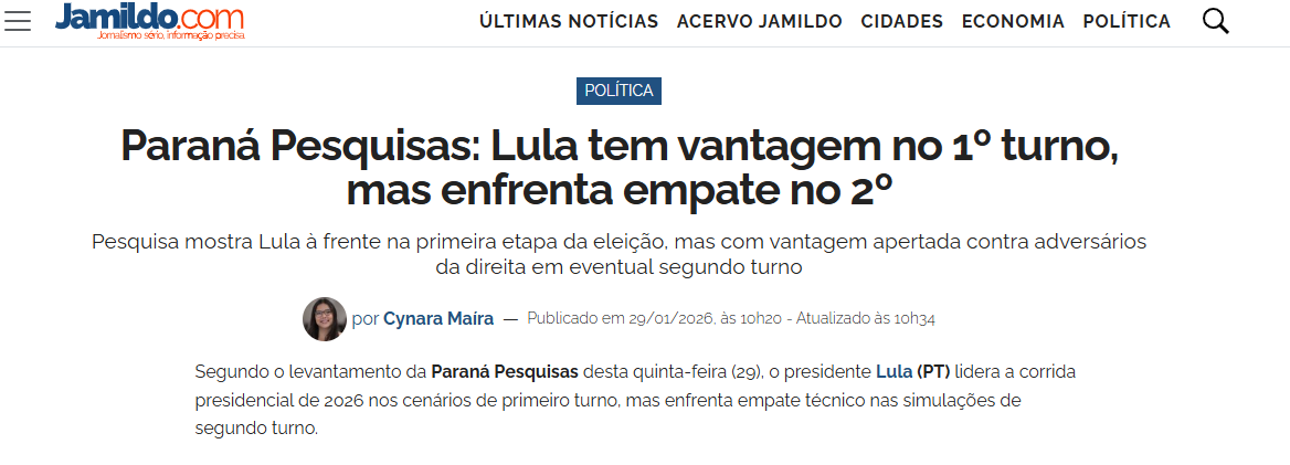 Portal Jamildo cita pesquisa realizada pela Paraná Pesquisas.