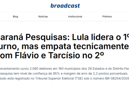 Broadcast cita pesquisa realizada pela Paraná Pesquisas.