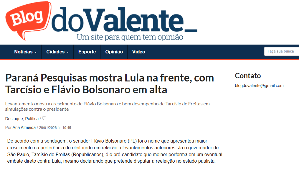 Blog do Valente cita pesquisa realizada pela Paraná Pesquisas. 2 Blog do Valente cita pesquisa realizada pela Paraná Pesquisas.