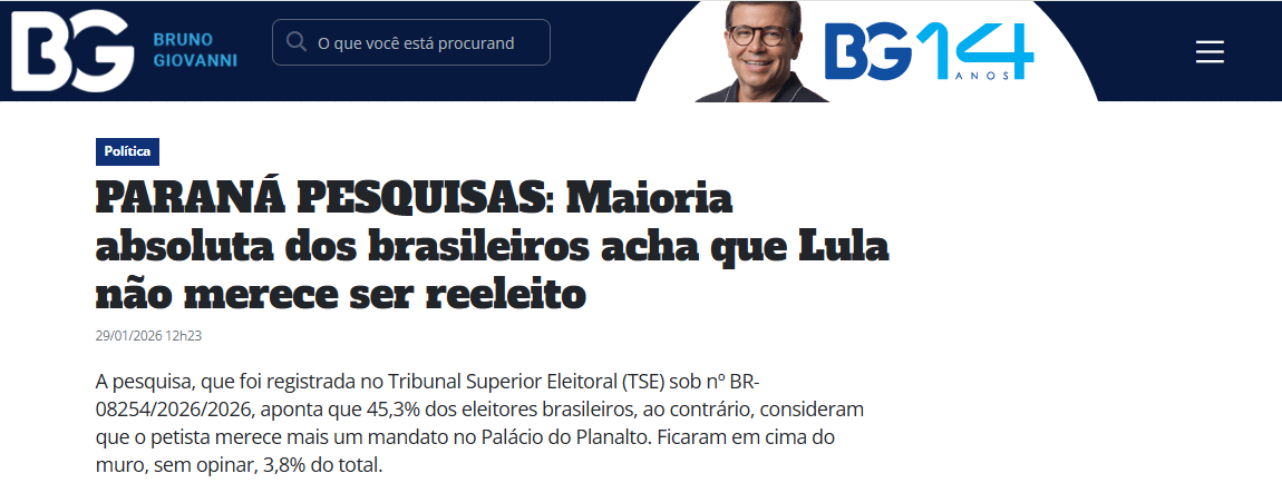 Blog Bruno Giovanni cita pesquisa realizada pela Paraná Pesquisas.