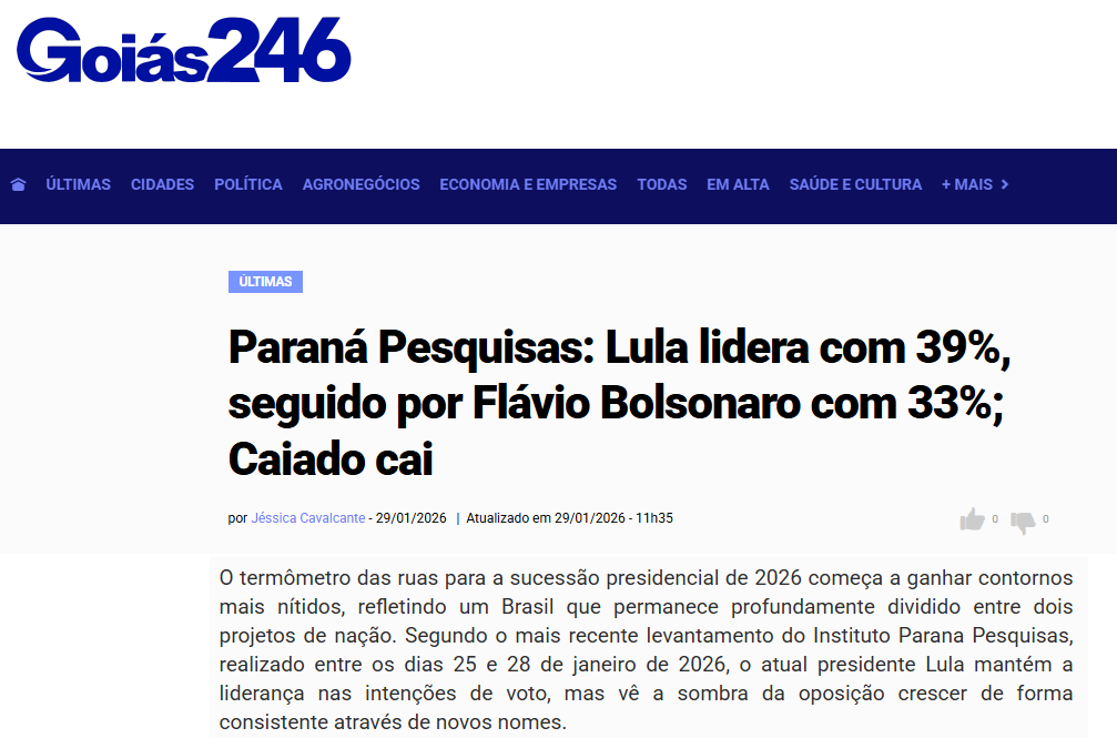 Goiás 246 cita pesquisa realizada pela Paraná Pesquisas.