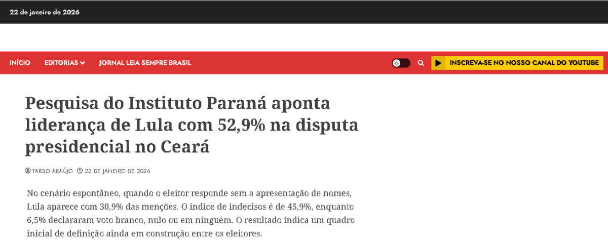Leia sempre Brasil cita pesquisa realizada pela Paraná Pesquisas no Estado do Ceará.