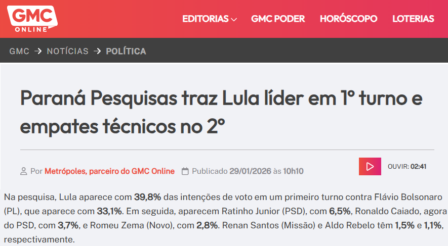 GMC Online cita pesquisa realizada pela Paraná Pesquisas. 2 GMC Online cita pesquisa realizada pela Paraná Pesquisas.