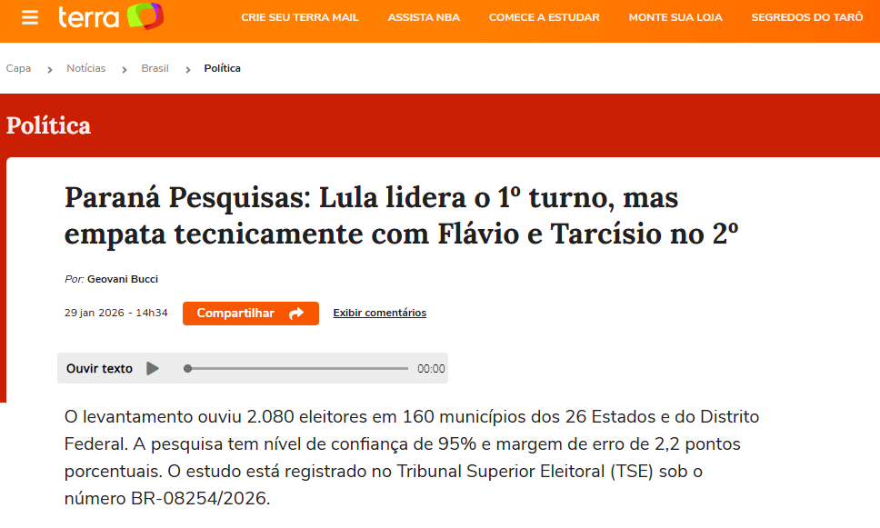 Portal Terra cita pesquisa realizada pela Paraná Pesquisas. 2 Portal Terra cita pesquisa realizada pela Paraná Pesquisas.