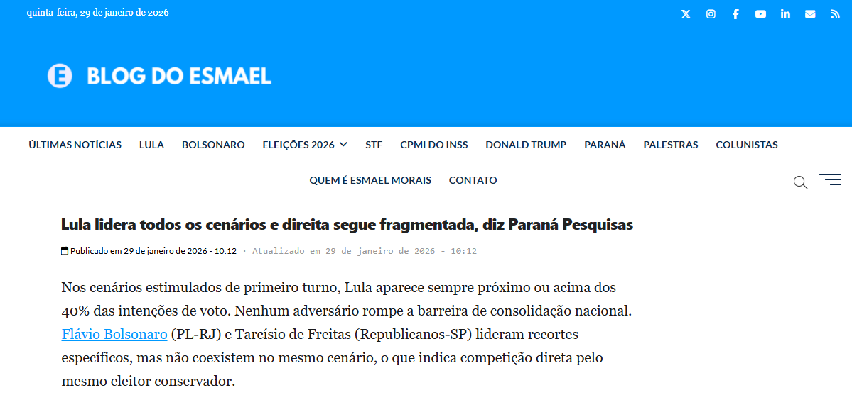 Blog do Esmael cita pesquisa realizada pela Paraná Pesquisas.