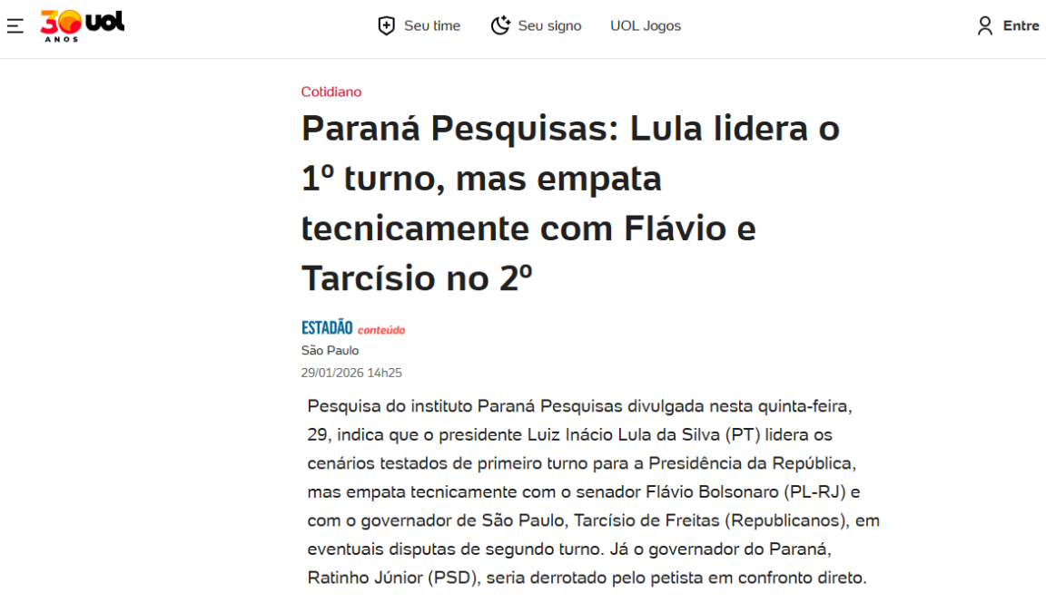 UOL Notícias cita pesquisa realizada pela Paraná Pesquisas.