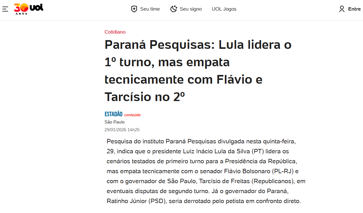 UOL Notícias cita pesquisa realizada pela Paraná Pesquisas.