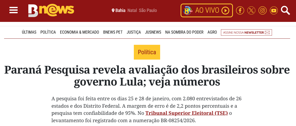 B News cita pesquisa realizada pela Paraná Pesquisas. 2 B News cita pesquisa realizada pela Paraná Pesquisas.