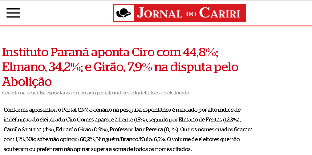 Jornal do Cariri cita pesquisa realizada pela Paraná Pesquisas no Estado do Ceará.