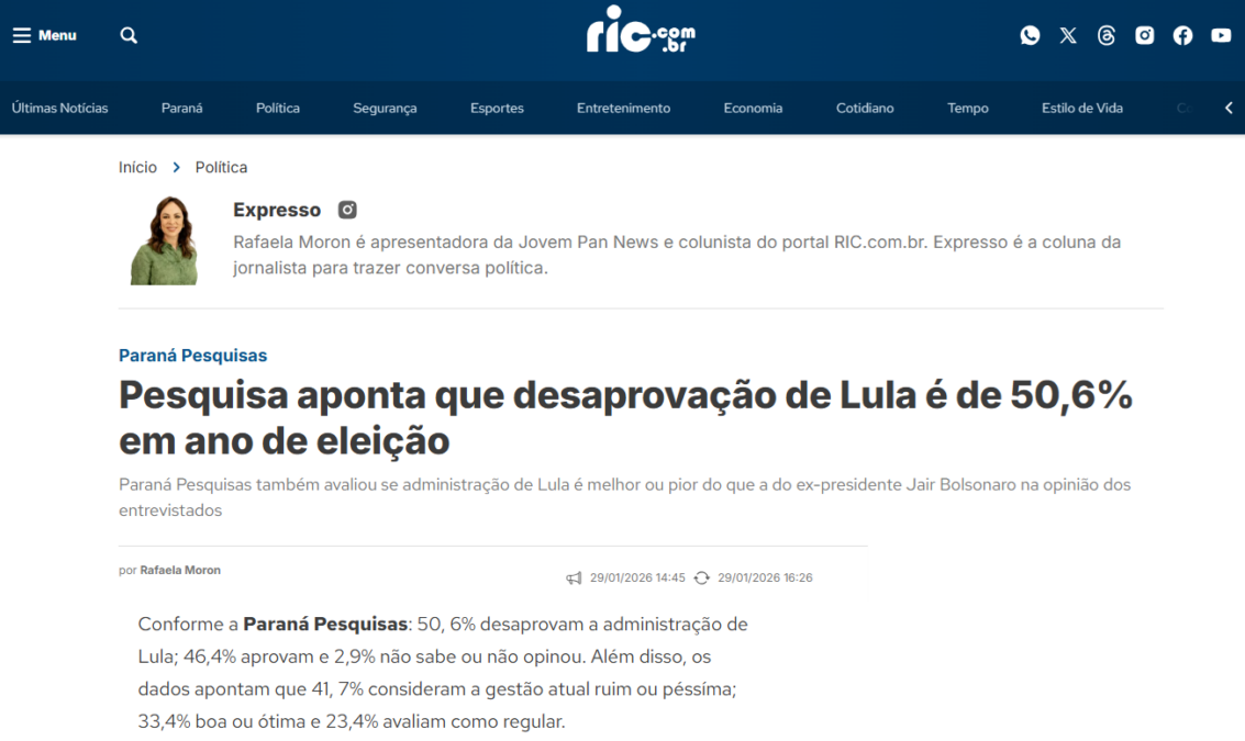 RIC cita pesquisa realizada pela Paraná Pesquisas. 2 RIC cita pesquisa realizada pela Paraná Pesquisas.
