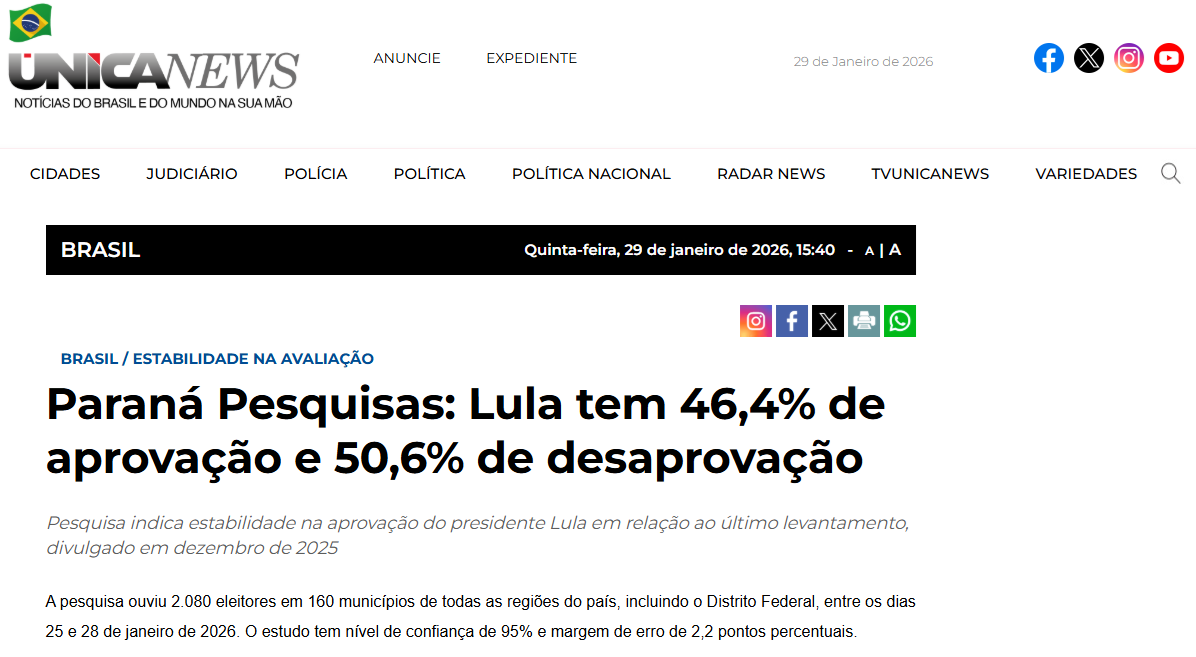 Única News cita pesquisa realizada pela Paraná Pesquisas. 2 Única News cita pesquisa realizada pela Paraná Pesquisas.