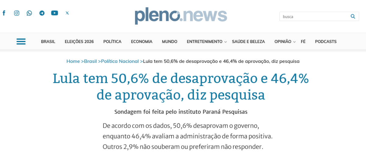 Pleno News cita pesquisa realizada pela Paraná Pesquisas.