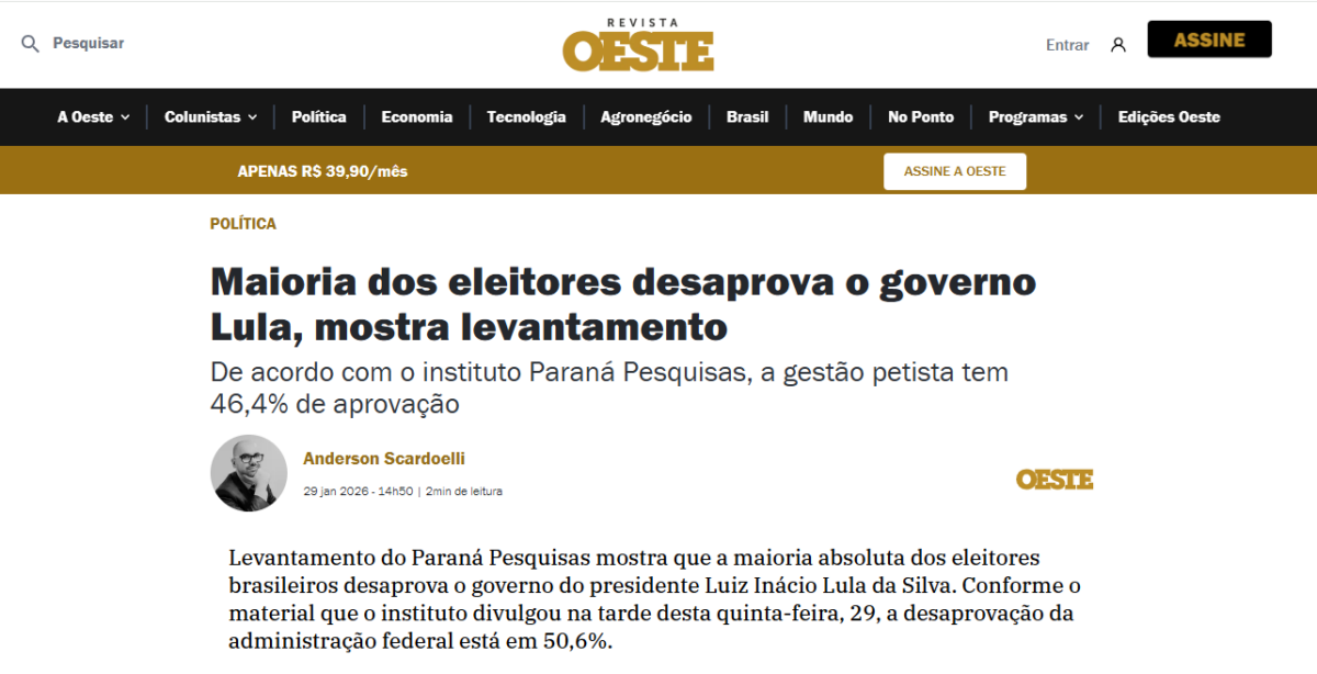 Revista Oeste cita pesquisa realizada pela Paraná Pesquisas.