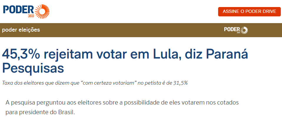 Poder 360 cita pesquisa realizada pela Paraná Pesquisas. 2 Poder 360 cita pesquisa realizada pela Paraná Pesquisas.