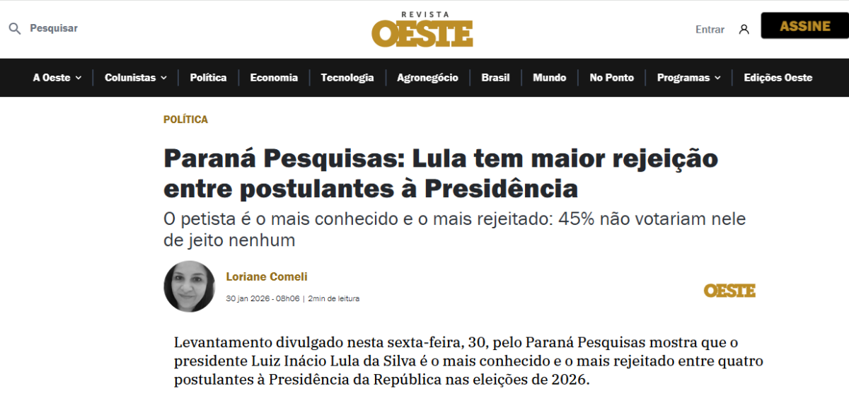 Revista Oeste cita pesquisa realizada pela Paraná Pesquisas.
