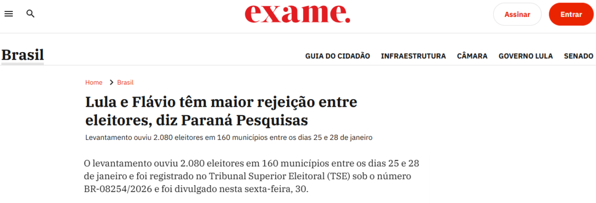 Exame cita pesquisa realizada pela Paraná Pesquisas. 2 Exame cita pesquisa realizada pela Paraná Pesquisas.