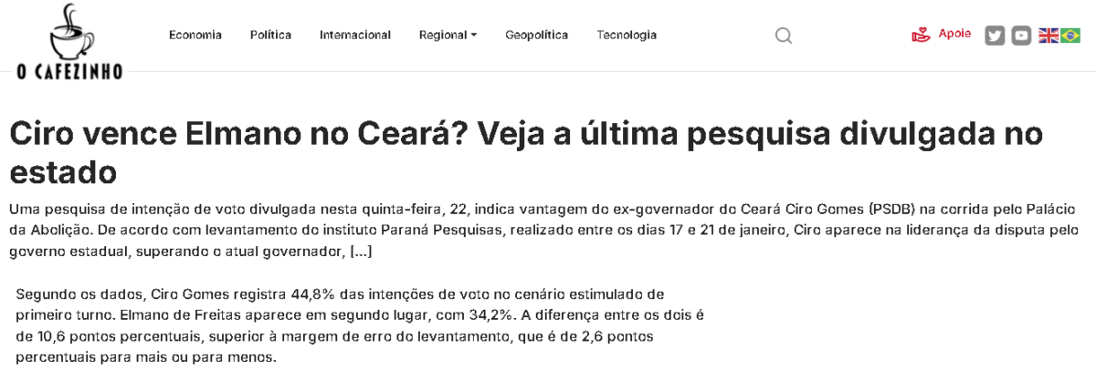 O Cafezinho cita pesquisa realizada pela Paraná Pesquisas no Estado do Ceará.