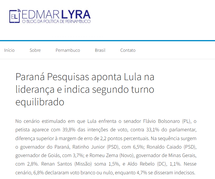 Blog Edmar Lyra cita pesquisa realizada pela Paraná Pesquisas. 2 Blog Edmar Lyra cita pesquisa realizada pela Paraná Pesquisas.