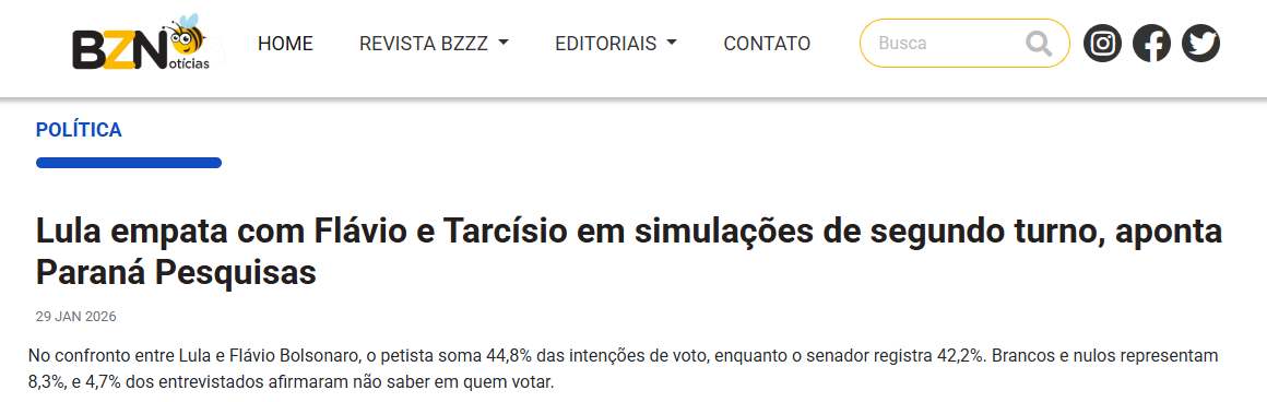 BZ Notícias cita pesquisa realizada pela Paraná Pesquisas. 2 BZ Notícias cita pesquisa realizada pela Paraná Pesquisas.