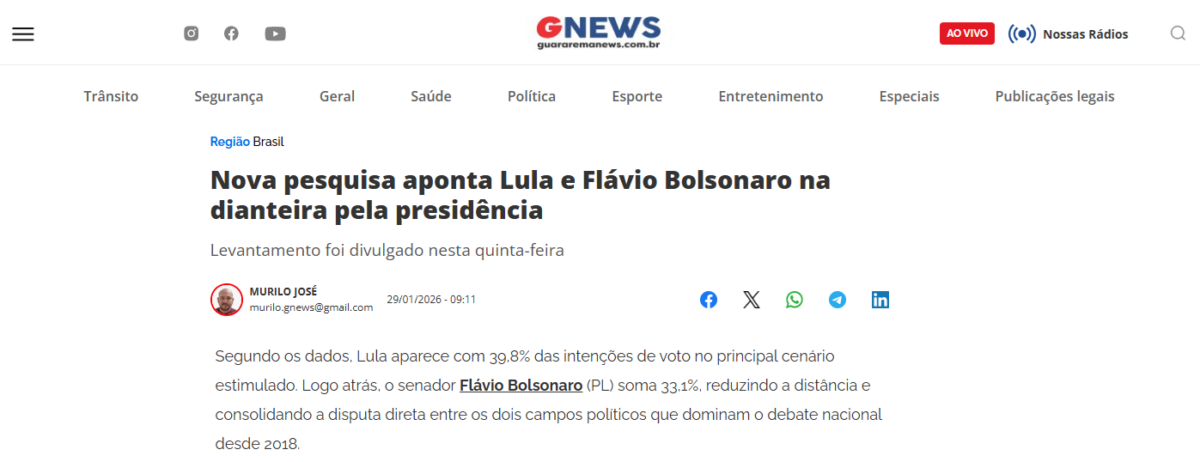 Guararema News cita pesquisa realizada pela Paraná Pesquisas.
