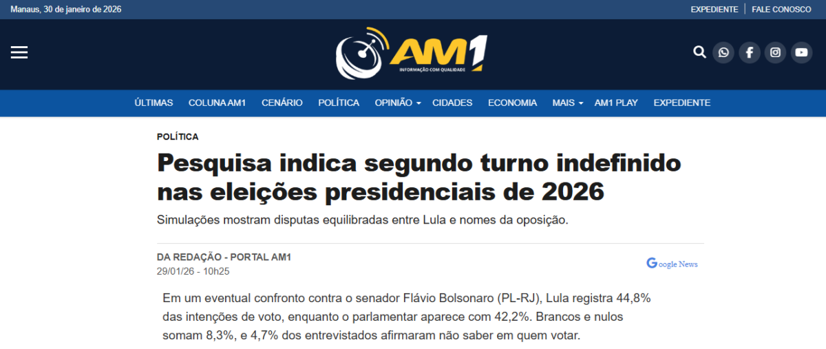 Amazonas 1 cita pesquisa realizada pela Paraná Pesquisas. 2 Amazonas 1 cita pesquisa realizada pela Paraná Pesquisas.