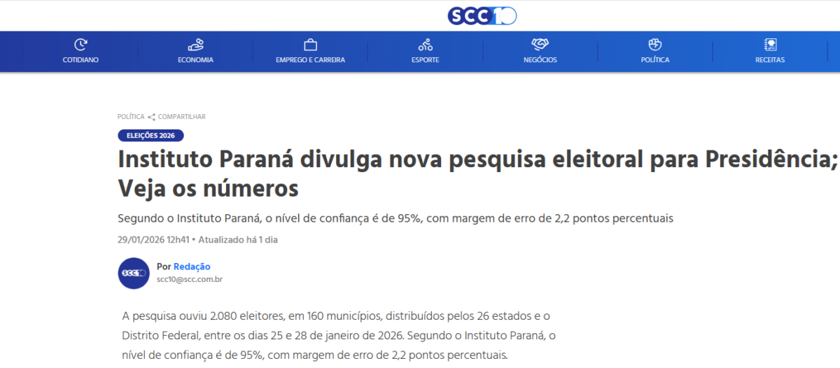 SCC10 cita pesquisa realizada pela Paraná Pesquisas.