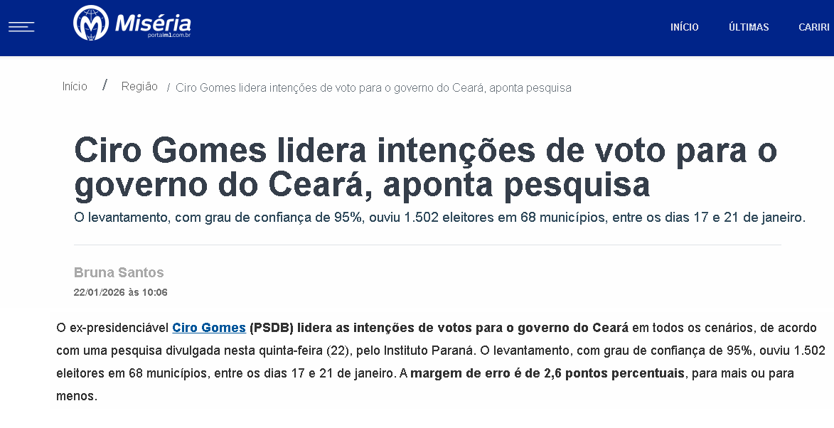 Portal Miséria cita pesquisa realizada pela Paraná Pesquisas no Estado do Ceará.