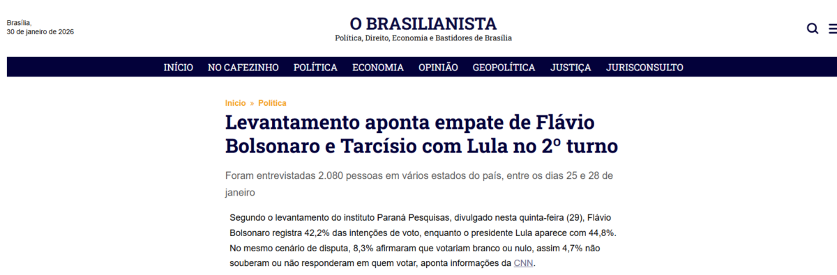 O Brasilianista cita pesquisa realizada pela Paraná Pesquisas.