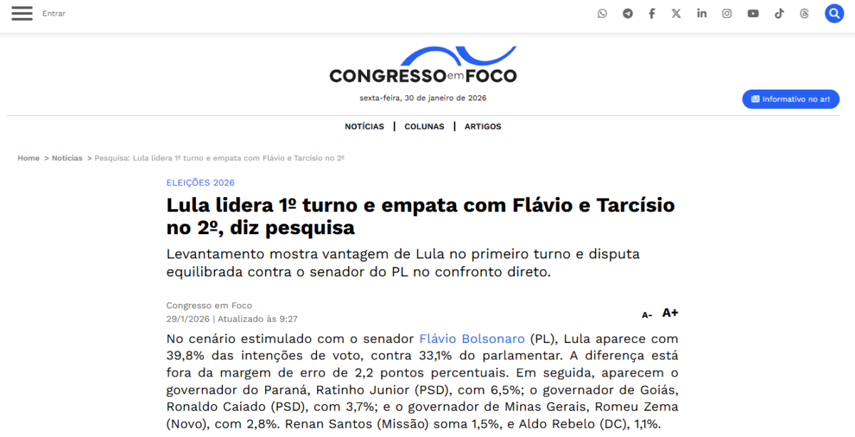 Congresso em Foco cita pesquisa realizada pela Paraná Pesquisas. 2 Congresso em Foco cita pesquisa realizada pela Paraná Pesquisas.