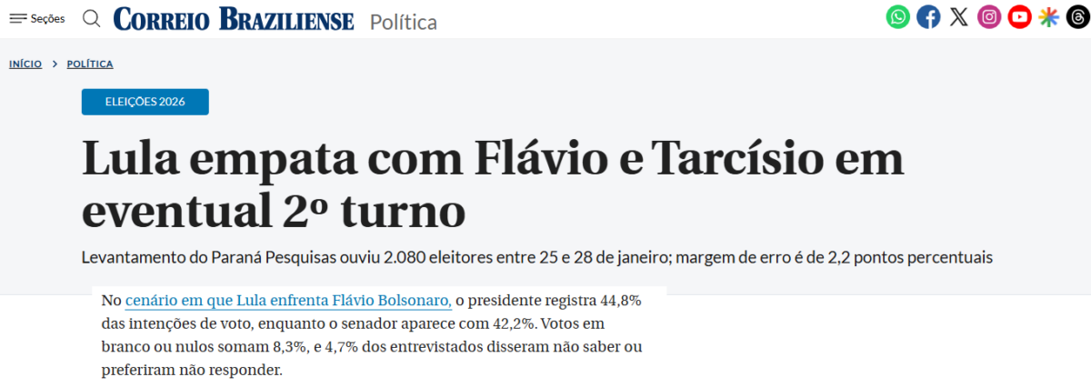 Correio Braziliense cita pesquisa realizada pela Paraná Pesquisas. 2 Correio Braziliense cita pesquisa realizada pela Paraná Pesquisas.