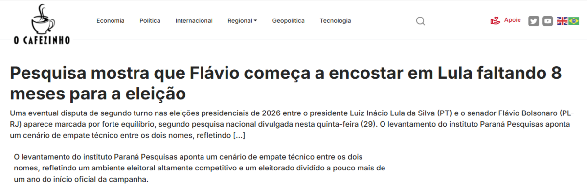 O Cafezinho cita pesquisa realizada pela Paraná Pesquisas. 2 O Cafezinho cita pesquisa realizada pela Paraná Pesquisas.