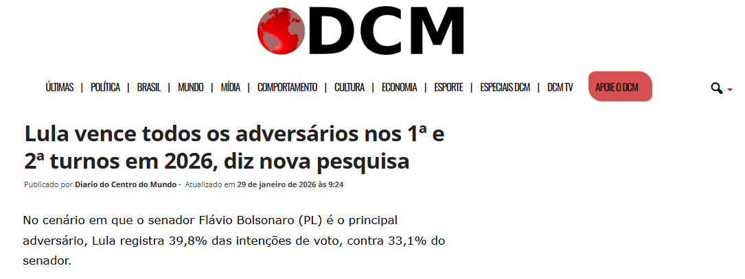 Diário do Centro do Mundo cita pesquisa realizada pela Paraná Pesquisas. 2 Diário do Centro do Mundo cita pesquisa realizada pela Paraná Pesquisas.