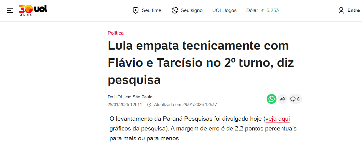 UOL Notícias cita pesquisa realizada pela Paraná Pesquisas.