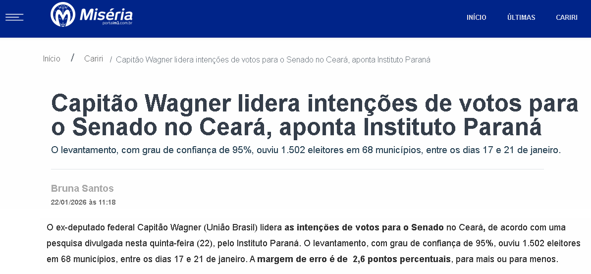 Portal Miséria cita pesquisa realizada pela Paraná Pesquisas no Estado do Ceará.