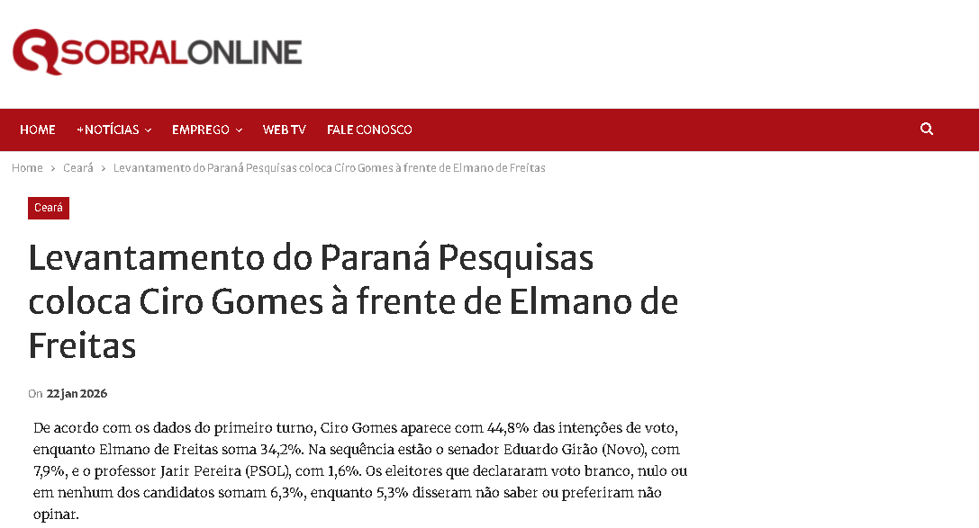 Sobral Online cita pesquisa realizada pela Paraná Pesquisas no Estado do Ceará.