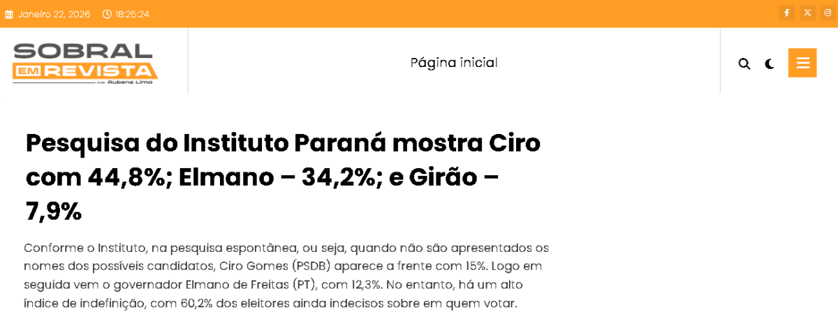 Sobral em Revista cita pesquisa realizada pela Paraná Pesquisas no Estado do Ceará. 2 Sobral em Revista cita pesquisa realizada pela Paraná Pesquisas no Estado do Ceará.