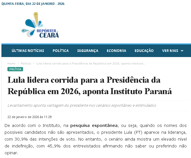Repórter Ceará cita pesquisa realizada pela Paraná Pesquisas no Estado do Ceará.