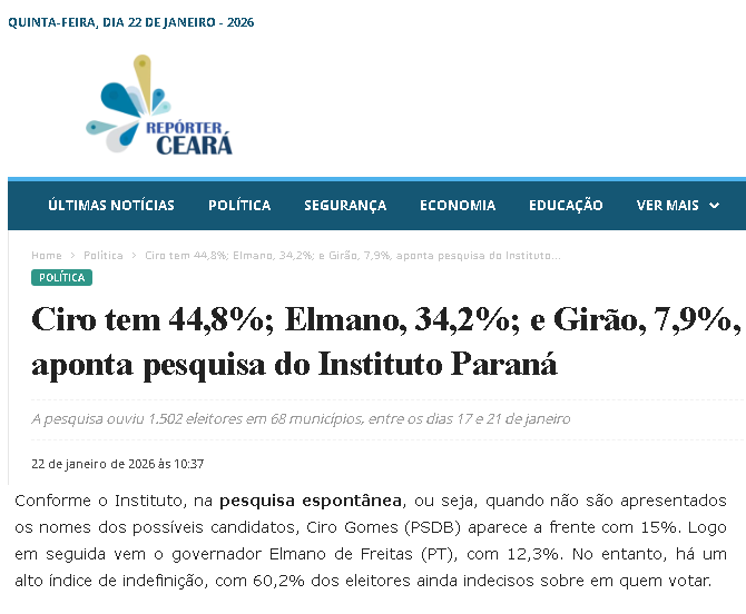 Repórter Ceará cita pesquisa realizada pela Paraná Pesquisas no Estado do Ceará.