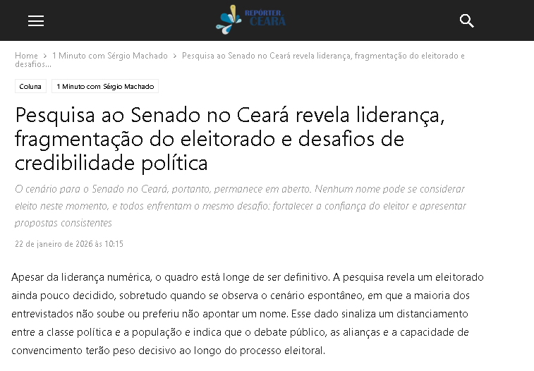 Repórter Ceará cita pesquisa realizada pela Paraná Pesquisas no Estado do Ceará. 2 Repórter Ceará cita pesquisa realizada pela Paraná Pesquisas no Estado do Ceará.