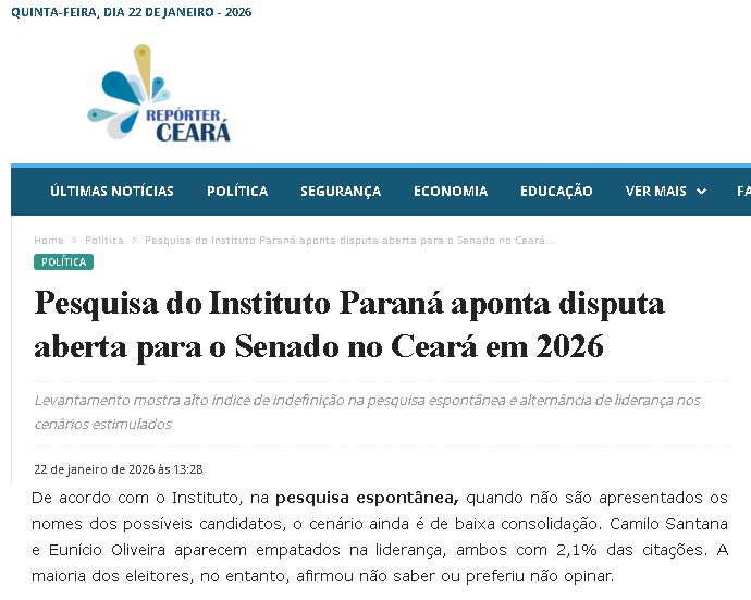 Repórter Ceará cita pesquisa realizada pela Paraná Pesquisas no Estado do Ceará.