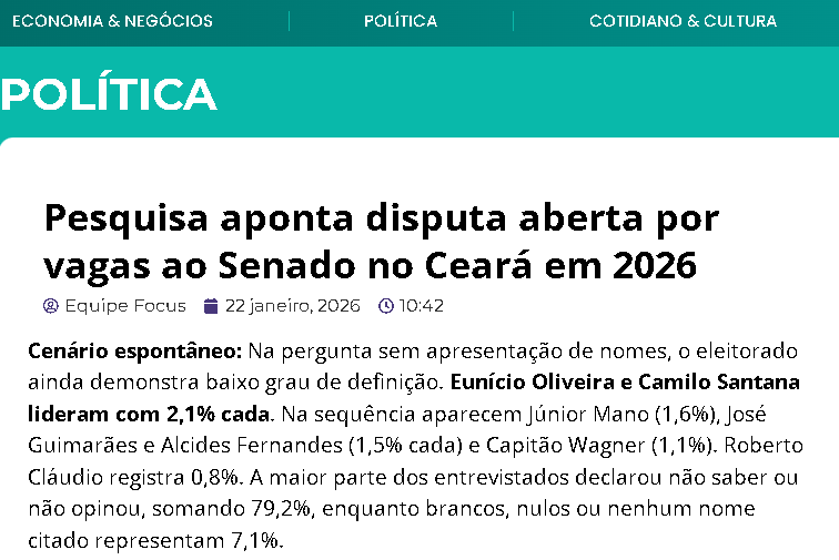 Focus Poder cita pesquisa realizada pela Paraná Pesquisas no Estado do Ceará. 2 Focus Poder cita pesquisa realizada pela Paraná Pesquisas no Estado do Ceará.