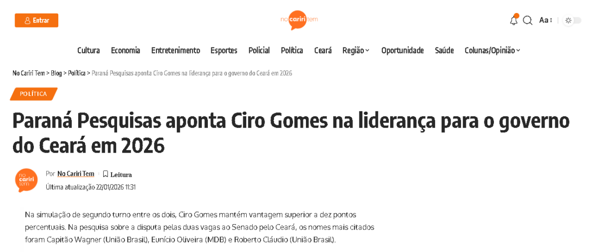 No Cariri Tem cita pesquisa realizada pela Paraná Pesquisas no Estado do Ceará.