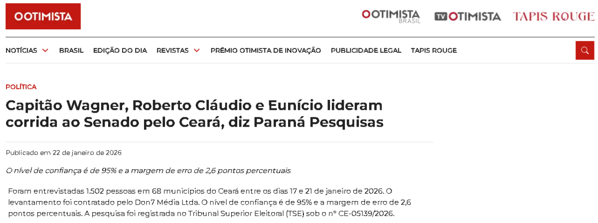 O Otimista cita pesquisa realizada pela Paraná Pesquisas no Estado do Ceará.