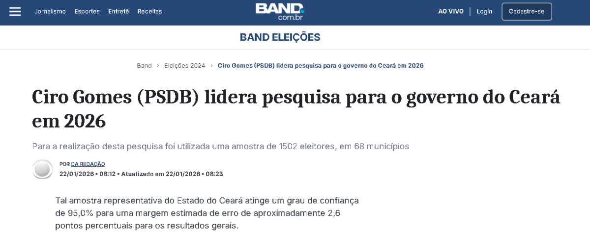Band cita pesquisa realizada pela Paraná Pesquisas no Estado do Ceará. 2 Band cita pesquisa realizada pela Paraná Pesquisas no Estado do Ceará.