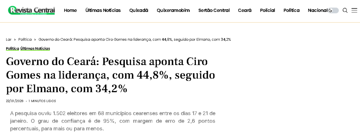 Revista Central cita pesquisa realizada pela Paraná Pesquisas no Estado do Ceará.