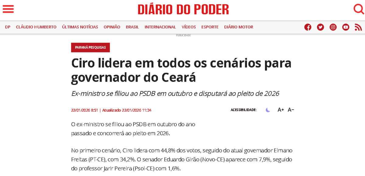 Diário do Poder cita pesquisa realizada pela Paraná Pesquisas no Estado do Ceará. 2 Diário do Poder cita pesquisa realizada pela Paraná Pesquisas no Estado do Ceará.