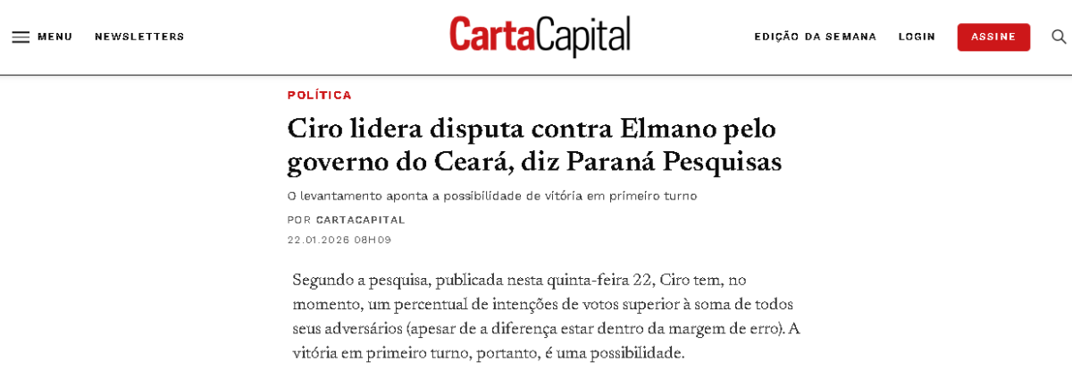 Carta Capital cita pesquisa realizada pela Paraná Pesquisas no Estado do Ceará.