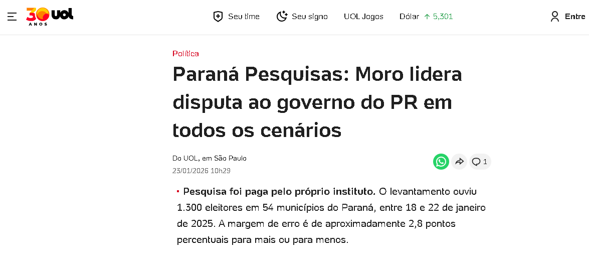 UOL Notícias cita pesquisa realizada pela Paraná Pesquisas no Estado do Paraná. 2 UOL Notícias cita pesquisa realizada pela Paraná Pesquisas no Estado do Paraná.