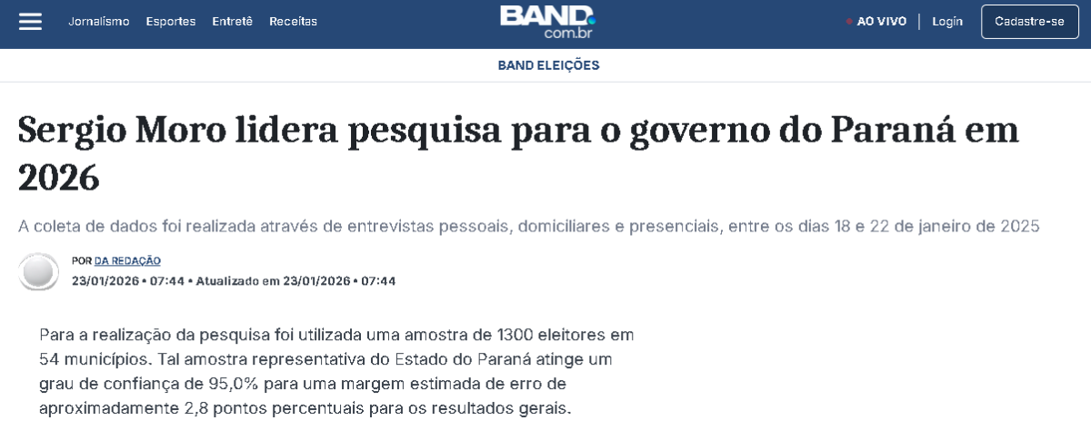 Band cita pesquisa realizada pela Paraná Pesquisas no Estado do Paraná.